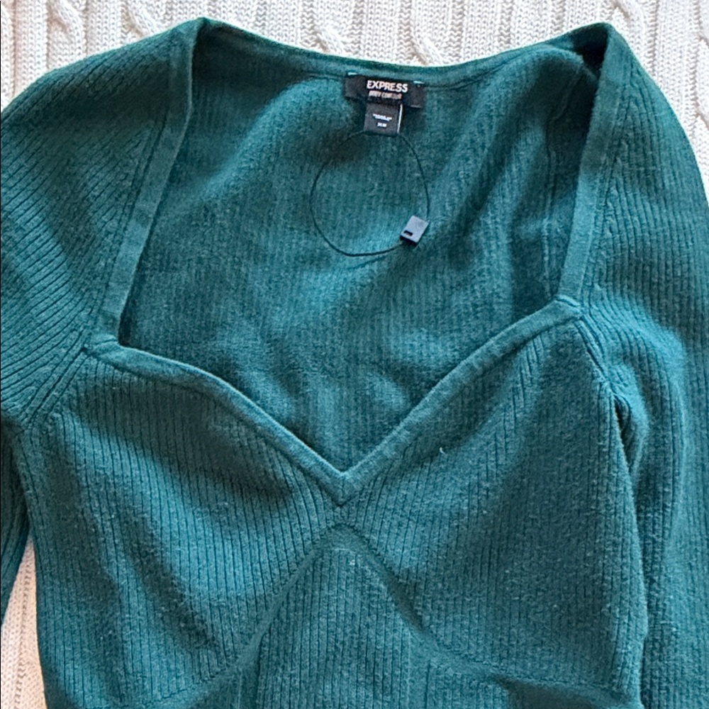 Express Women's Deep Green V-Neck Sweater